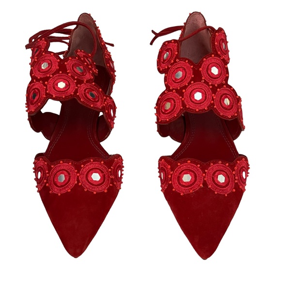 TORY BURCH YASMIN d’ORSAY RED SUEDELACE UP FLAT SIZE 7 - Picture 3 of 6